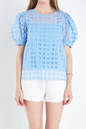 English Factory - Plaid Sheer Puff Sleeve Top