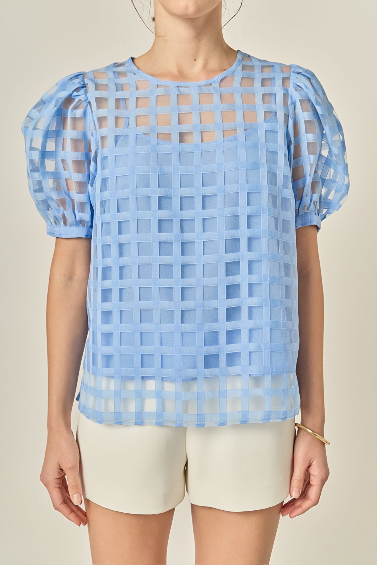 ENGLISH FACTORY - Puff Sleeve Plaid Sheer Top - TOPS available at Objectrare