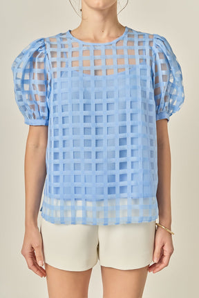 ENGLISH FACTORY - Puff Sleeve Plaid Sheer Top - TOPS available at Objectrare
