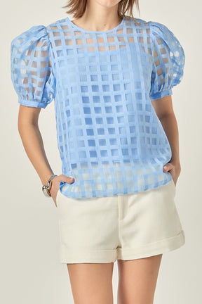 Puff Sleeve Plaid Sheer Top