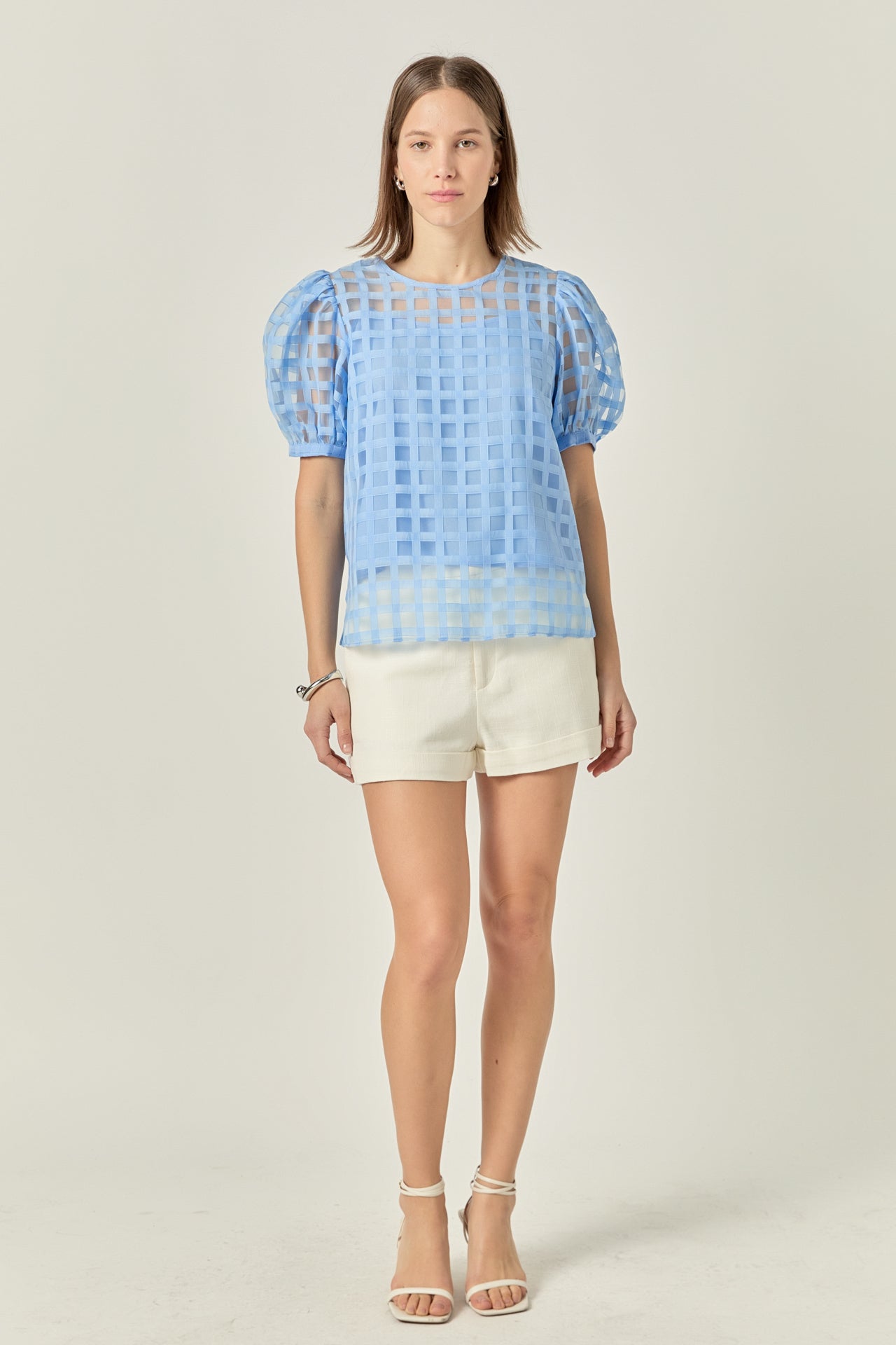 ENGLISH FACTORY - Puff Sleeve Plaid Sheer Top - TOPS available at Objectrare