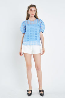 English Factory - Plaid Sheer Puff Sleeve Top