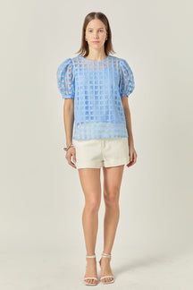 Puff Sleeve Plaid Sheer Top