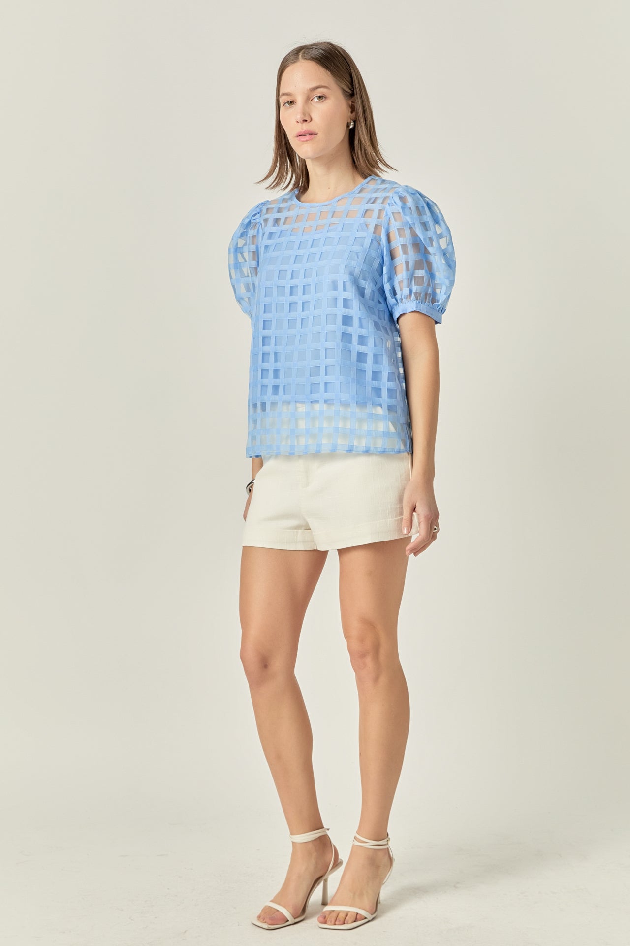 Puff Sleeve Plaid Sheer Top