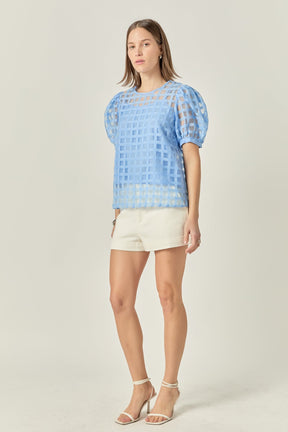 Puff Sleeve Plaid Sheer Top