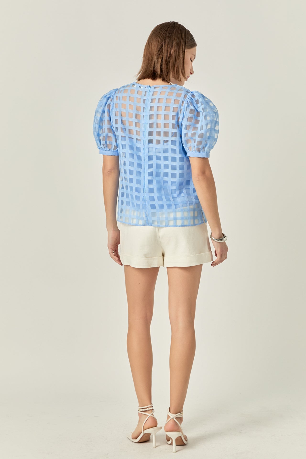 Puff Sleeve Plaid Sheer Top