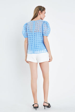 English Factory - Plaid Sheer Puff Sleeve Top