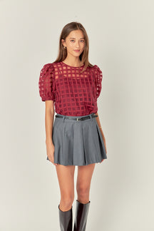 Plaid Sheer Puff Sleeve Top