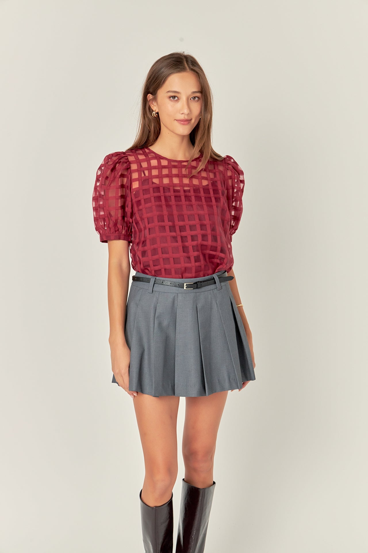 Puff Sleeve Plaid Sheer Top