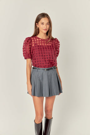 Puff Sleeve Plaid Sheer Top