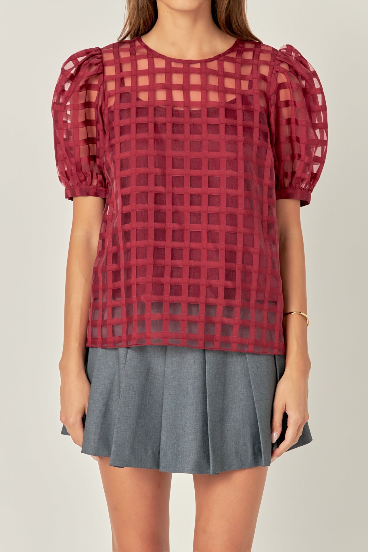 Puff Sleeve Plaid Sheer Top