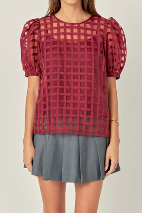 Puff Sleeve Plaid Sheer Top