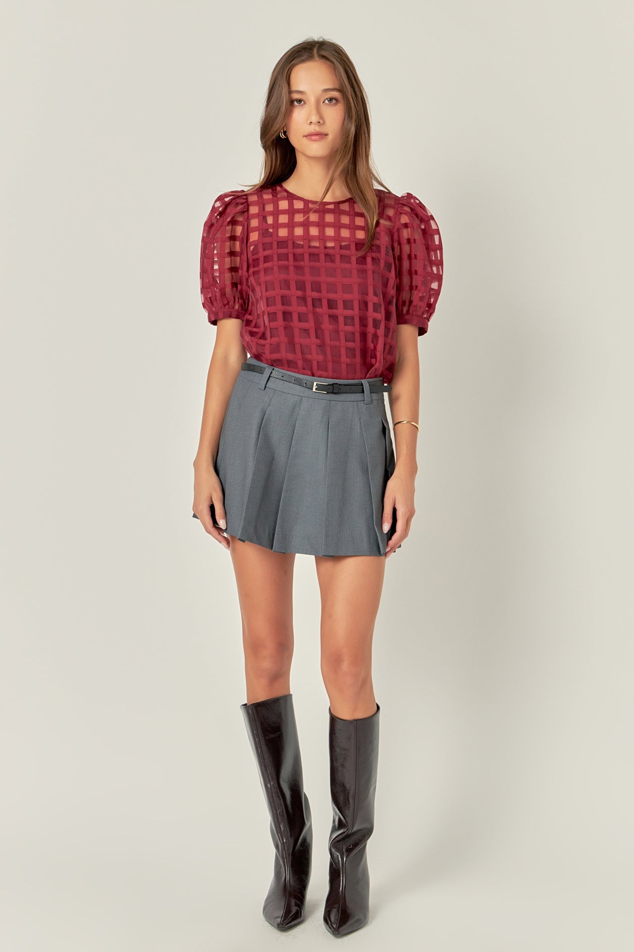 Puff Sleeve Plaid Sheer Top