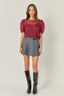 Puff Sleeve Plaid Sheer Top