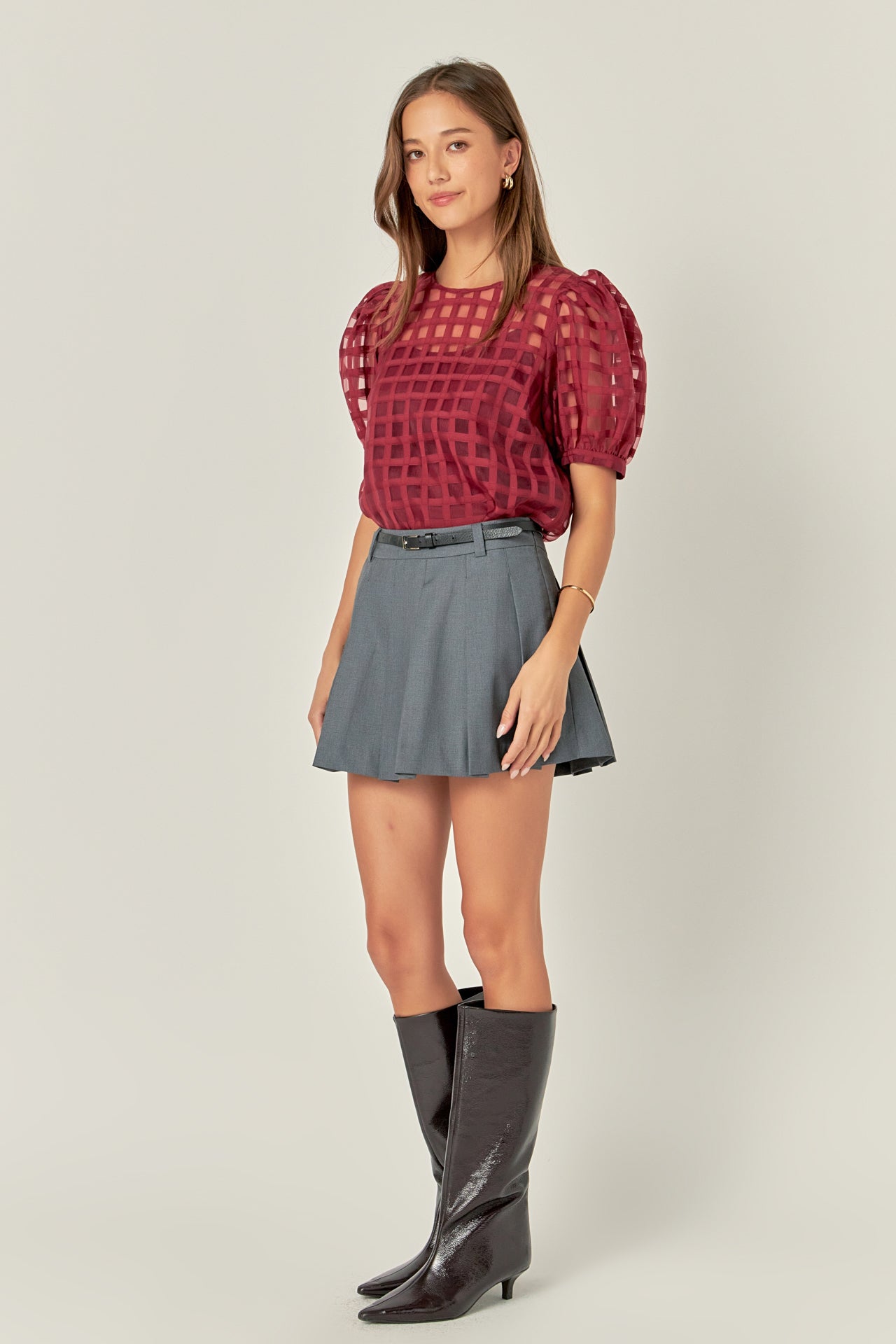 Puff Sleeve Plaid Sheer Top