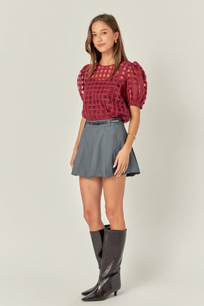Puff Sleeve Plaid Sheer Top