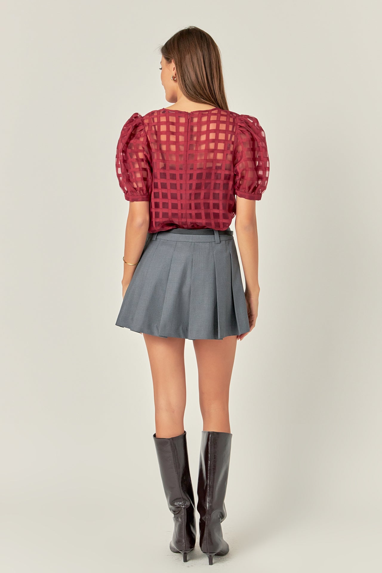 Puff Sleeve Plaid Sheer Top