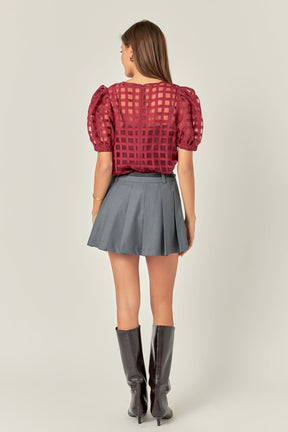 Puff Sleeve Plaid Sheer Top