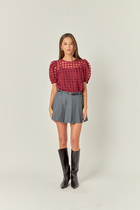 Plaid Sheer Puff Sleeve Top