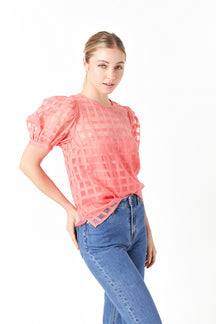 Plaid Sheer Puff Sleeve Top