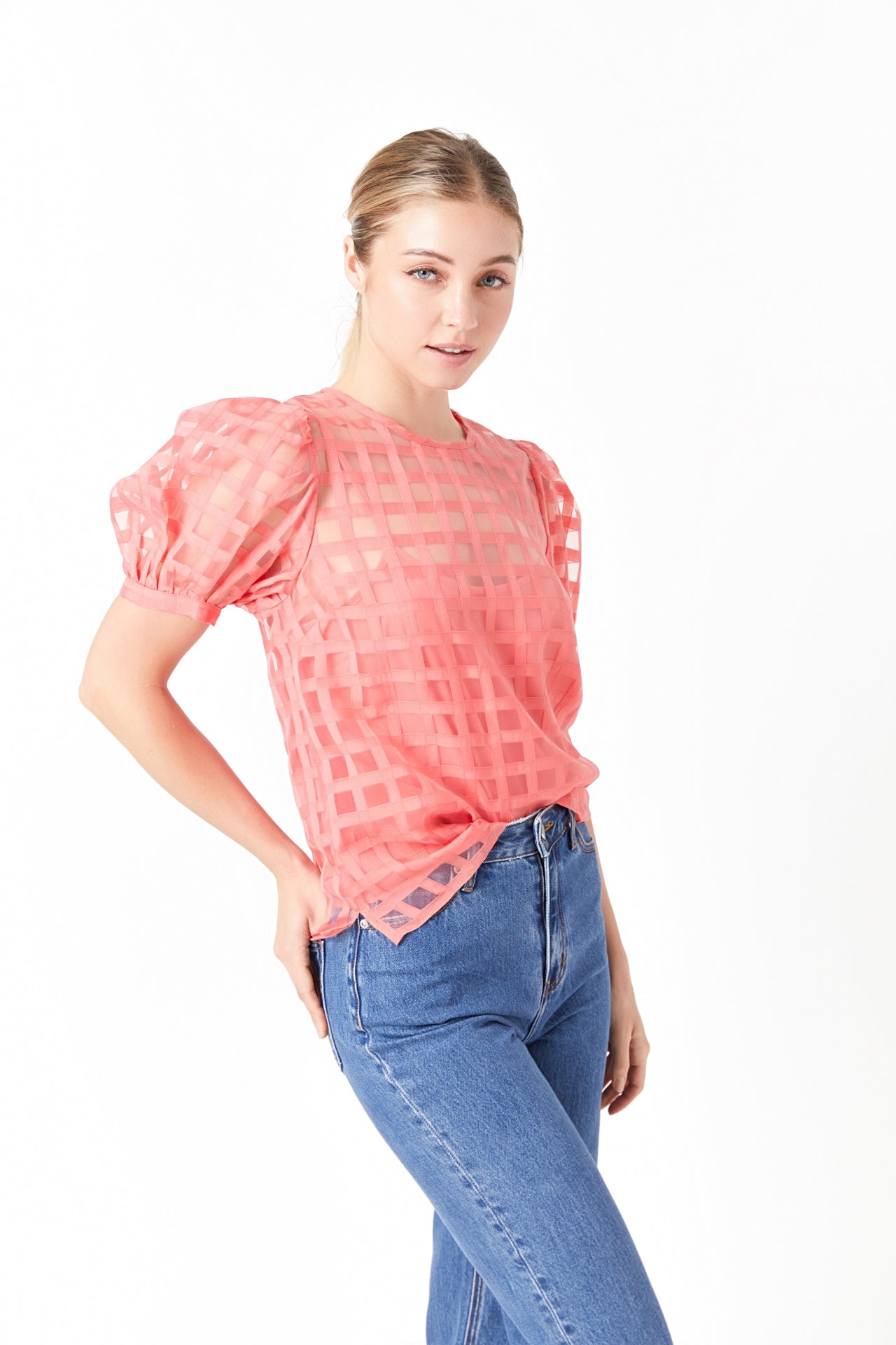Puff Sleeve Plaid Sheer Top
