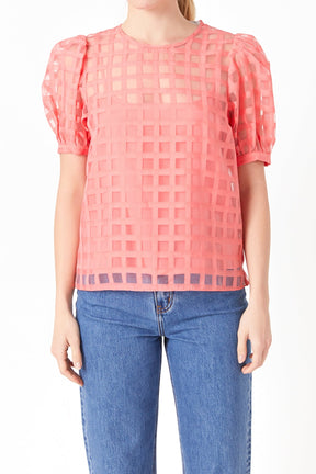 Puff Sleeve Plaid Sheer Top
