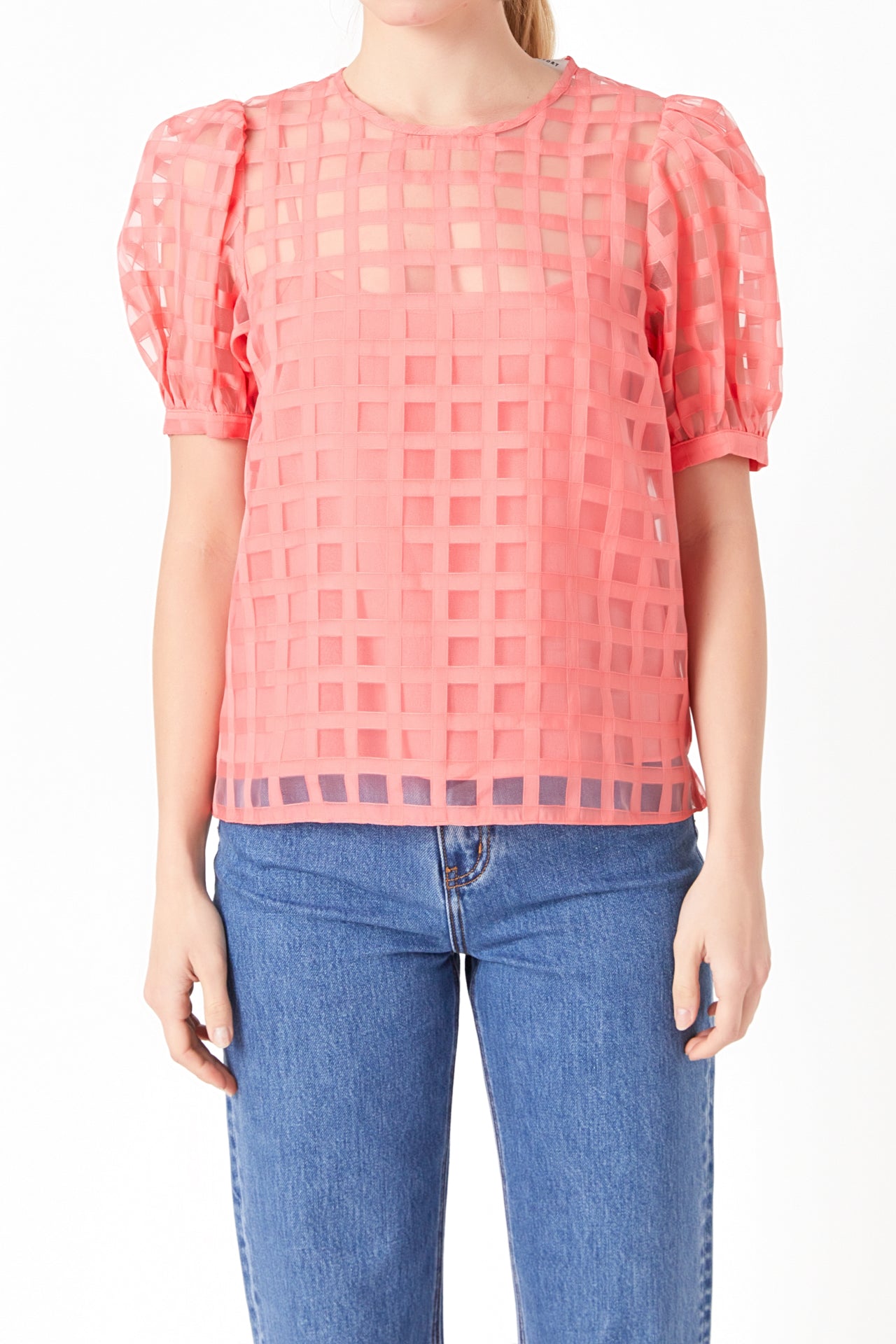 English Factory - Plaid Sheer Puff Sleeve Top