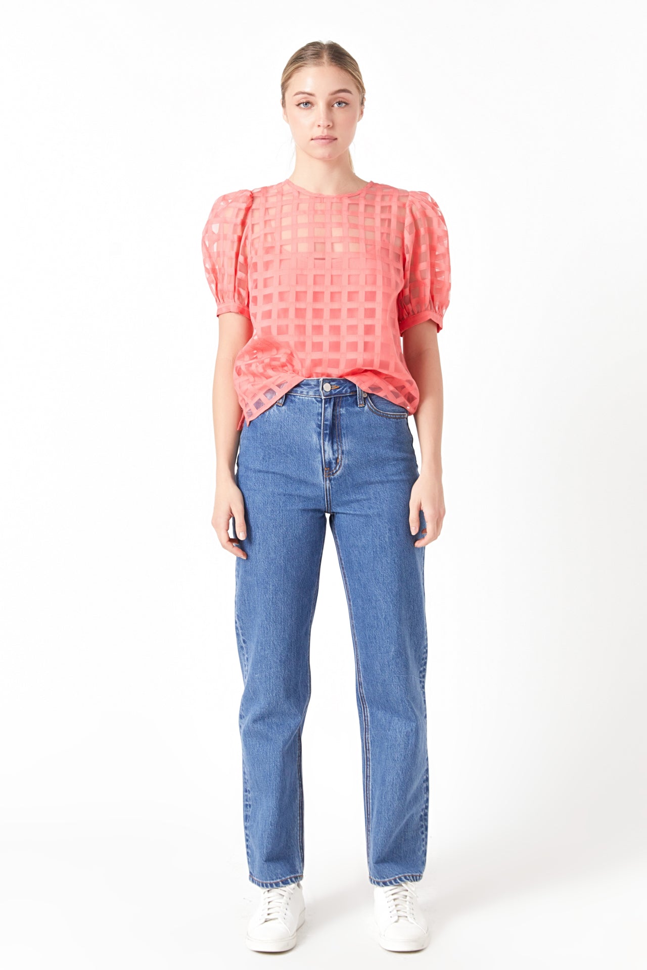 Puff Sleeve Plaid Sheer Top