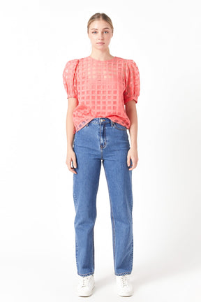 Puff Sleeve Plaid Sheer Top
