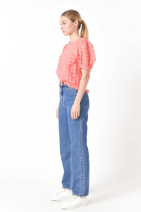 Puff Sleeve Plaid Sheer Top