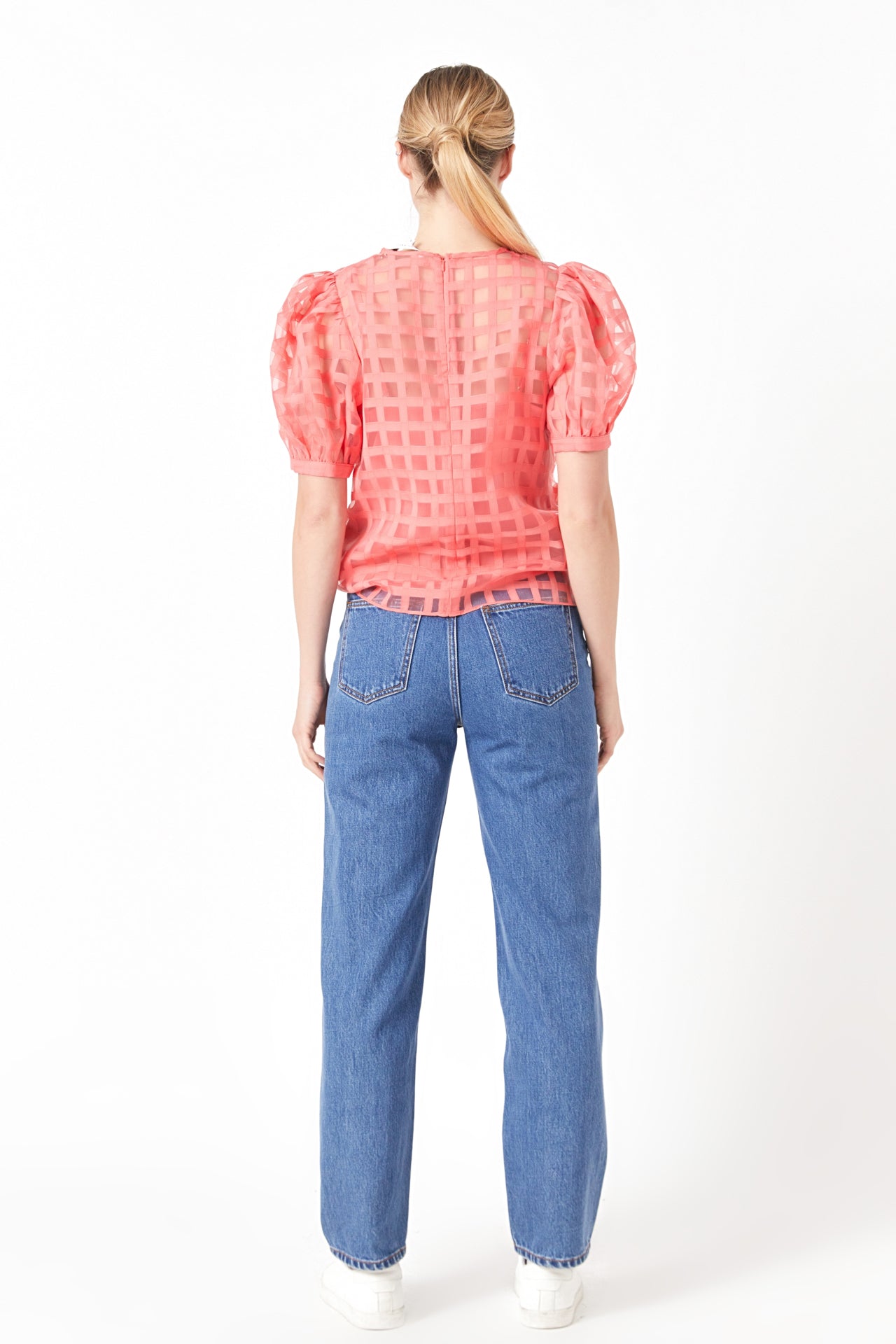 Puff Sleeve Plaid Sheer Top