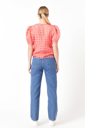 Puff Sleeve Plaid Sheer Top