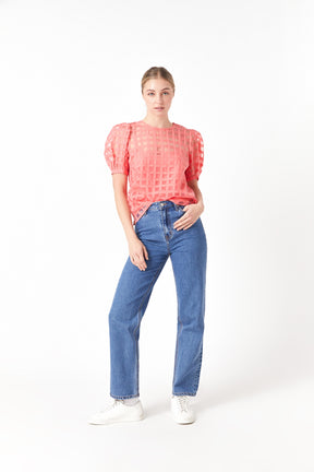 Plaid Sheer Puff Sleeve Top