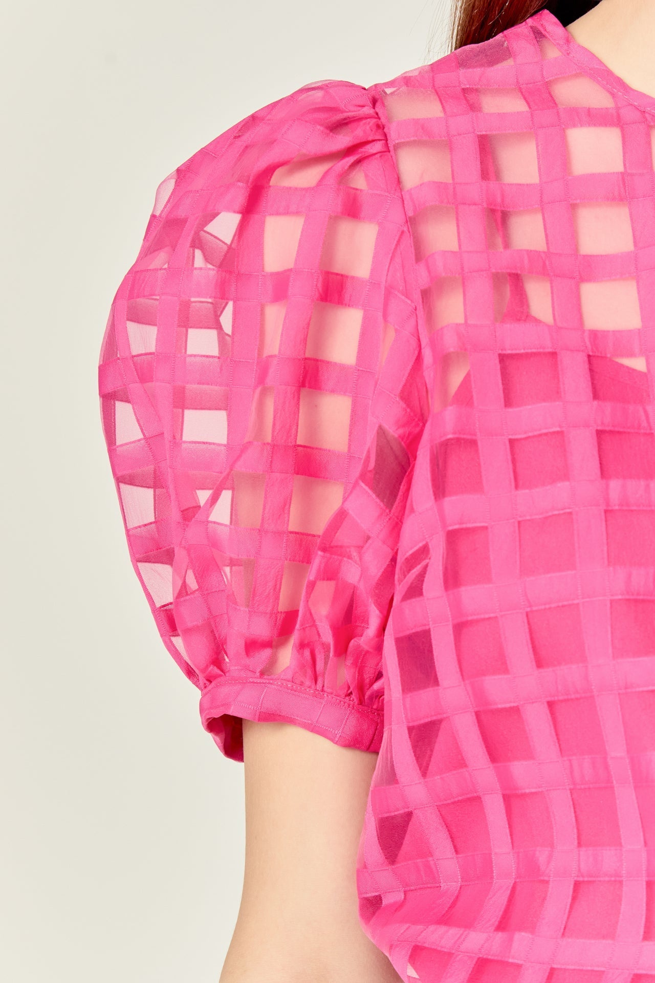 Puff Sleeve Plaid Sheer Top