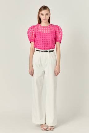 Plaid Sheer Puff Sleeve Top