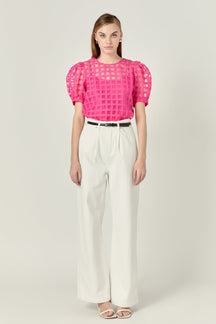 Puff Sleeve Plaid Sheer Top