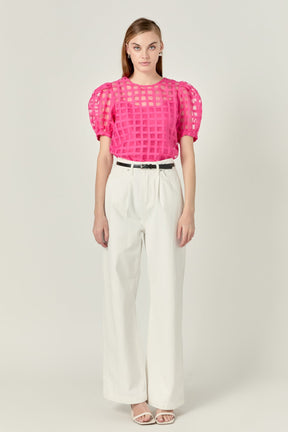 Puff Sleeve Plaid Sheer Top
