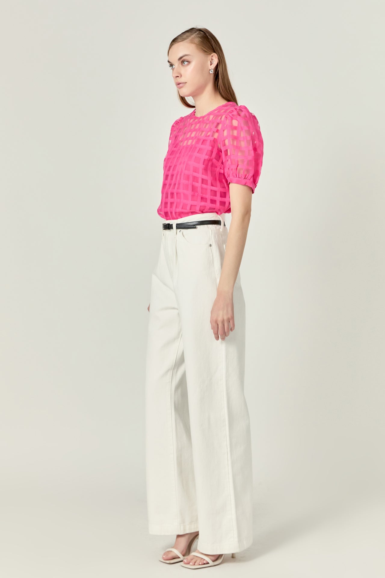 Puff Sleeve Plaid Sheer Top