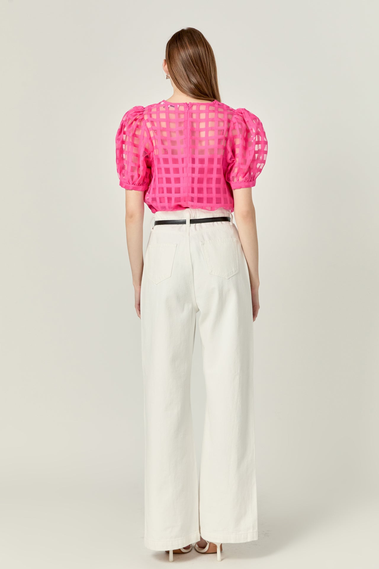 Puff Sleeve Plaid Sheer Top