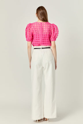 Puff Sleeve Plaid Sheer Top