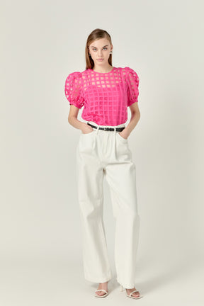 Plaid Sheer Puff Sleeve Top