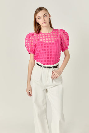 Puff Sleeve Plaid Sheer Top