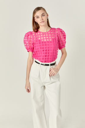 Plaid Sheer Puff Sleeve Top