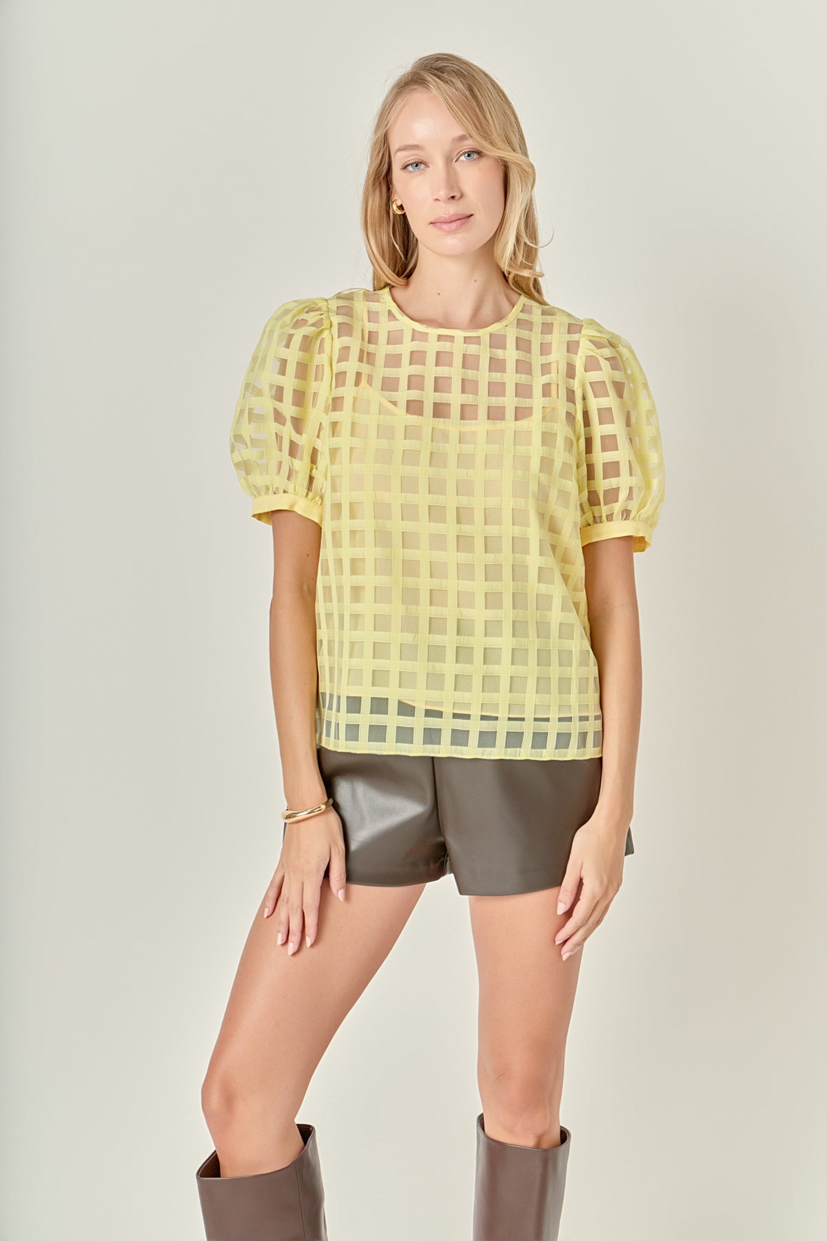 ENGLISH FACTORY - Plaid Sheer Puff Sleeve Top - TOPS available at Objectrare