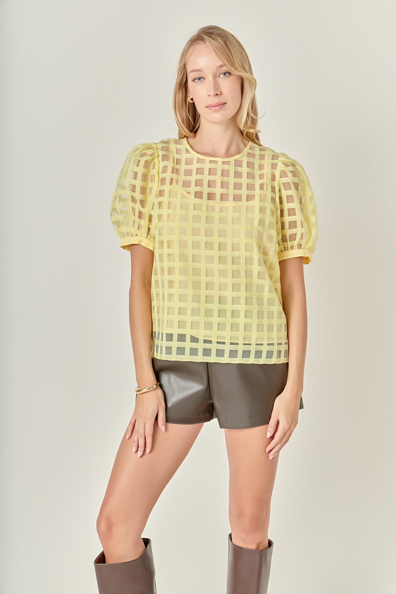 ENGLISH FACTORY - Puff Sleeve Plaid Sheer Top - TOPS available at Objectrare