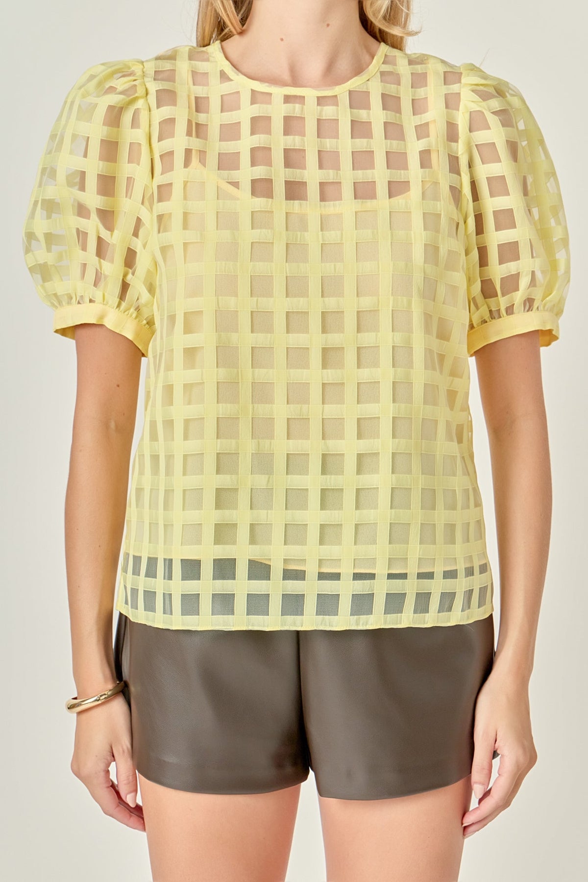 Puff Sleeve Plaid Sheer Top