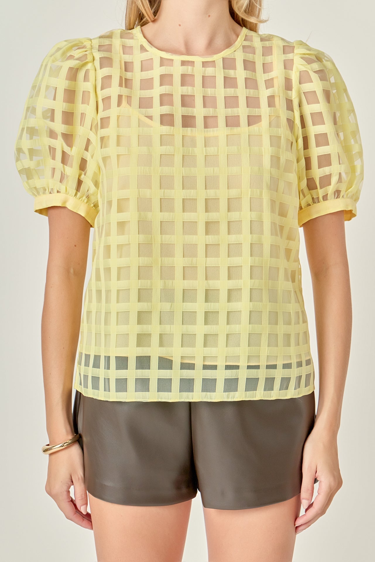 Puff Sleeve Plaid Sheer Top