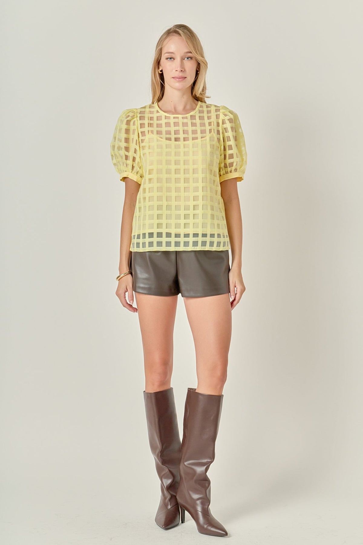 Puff Sleeve Plaid Sheer Top