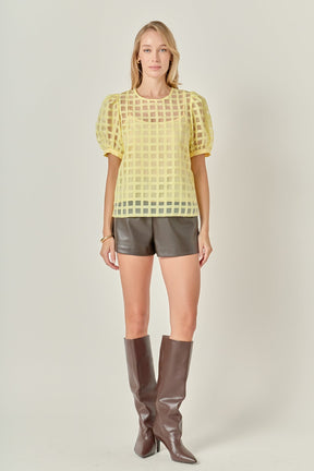 ENGLISH FACTORY - Puff Sleeve Plaid Sheer Top - TOPS available at Objectrare