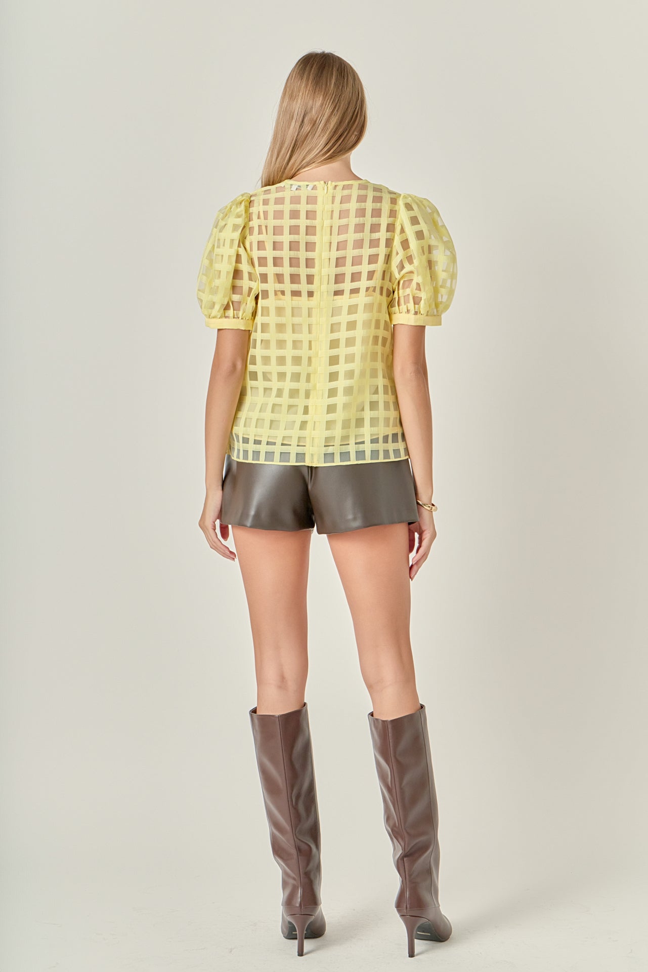 Puff Sleeve Plaid Sheer Top